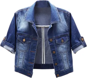 Women Short Sleeve Denim Jacket Button Down Shawl Stretch Denim Jean Jacket