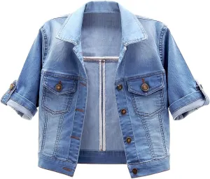 Women Short Sleeve Denim Jacket Button Down Shawl Stretch Denim Jean Jacket