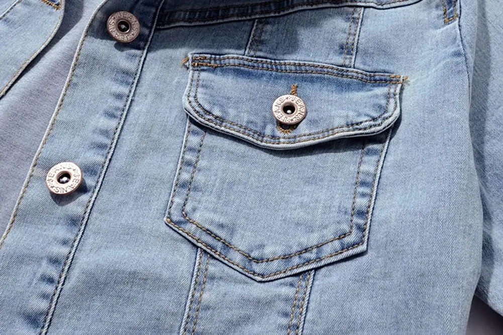 Women Short Sleeve Denim Jacket Button Down Shawl Stretch Denim Jean Jacket