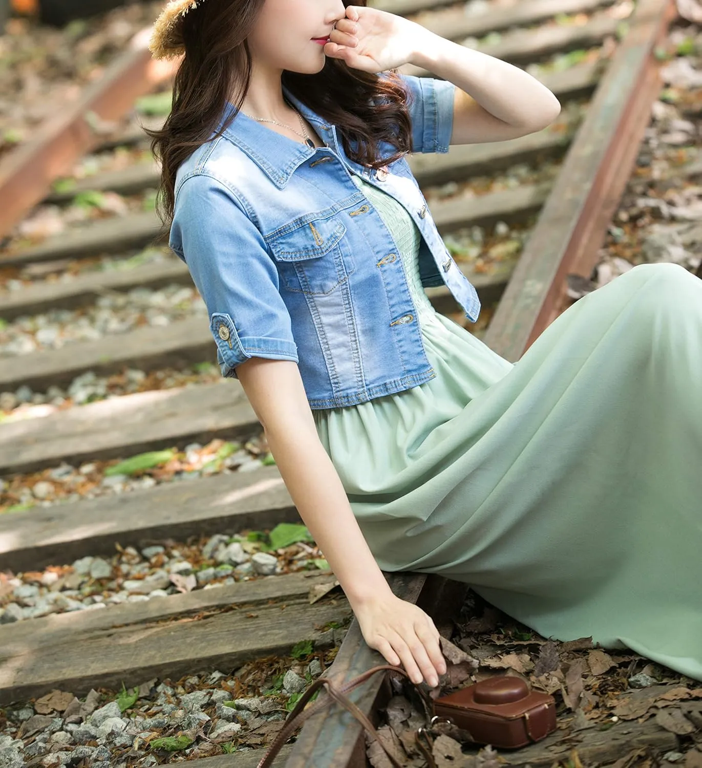 Women Short Sleeve Denim Jacket Button Down Shawl Stretch Denim Jean Jacket