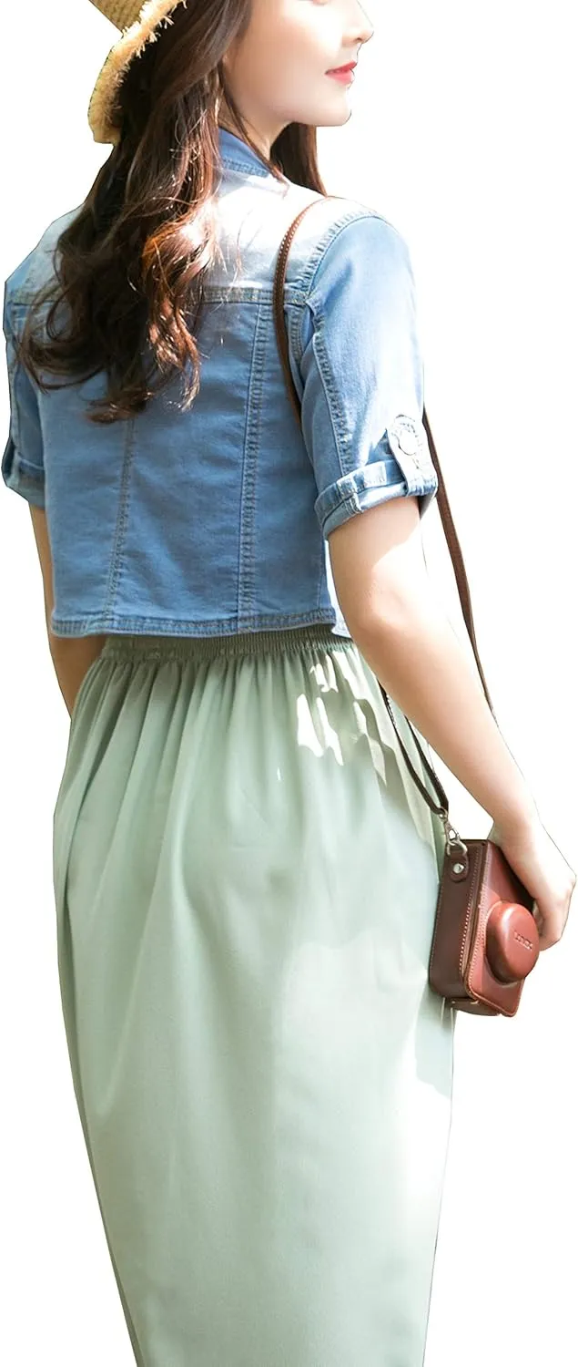 Women Short Sleeve Denim Jacket Button Down Shawl Stretch Denim Jean Jacket