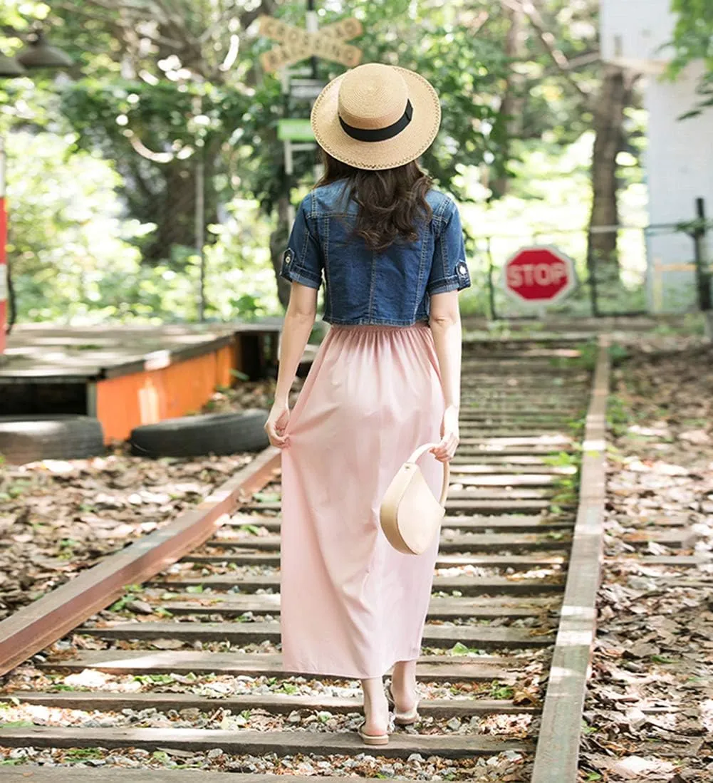 Women Short Sleeve Denim Jacket Button Down Shawl Stretch Denim Jean Jacket