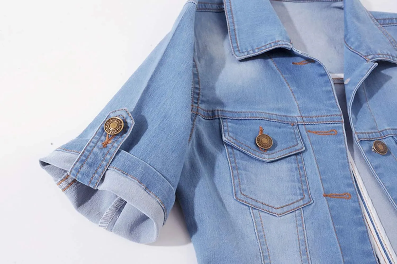 Women Short Sleeve Denim Jacket Button Down Shawl Stretch Denim Jean Jacket