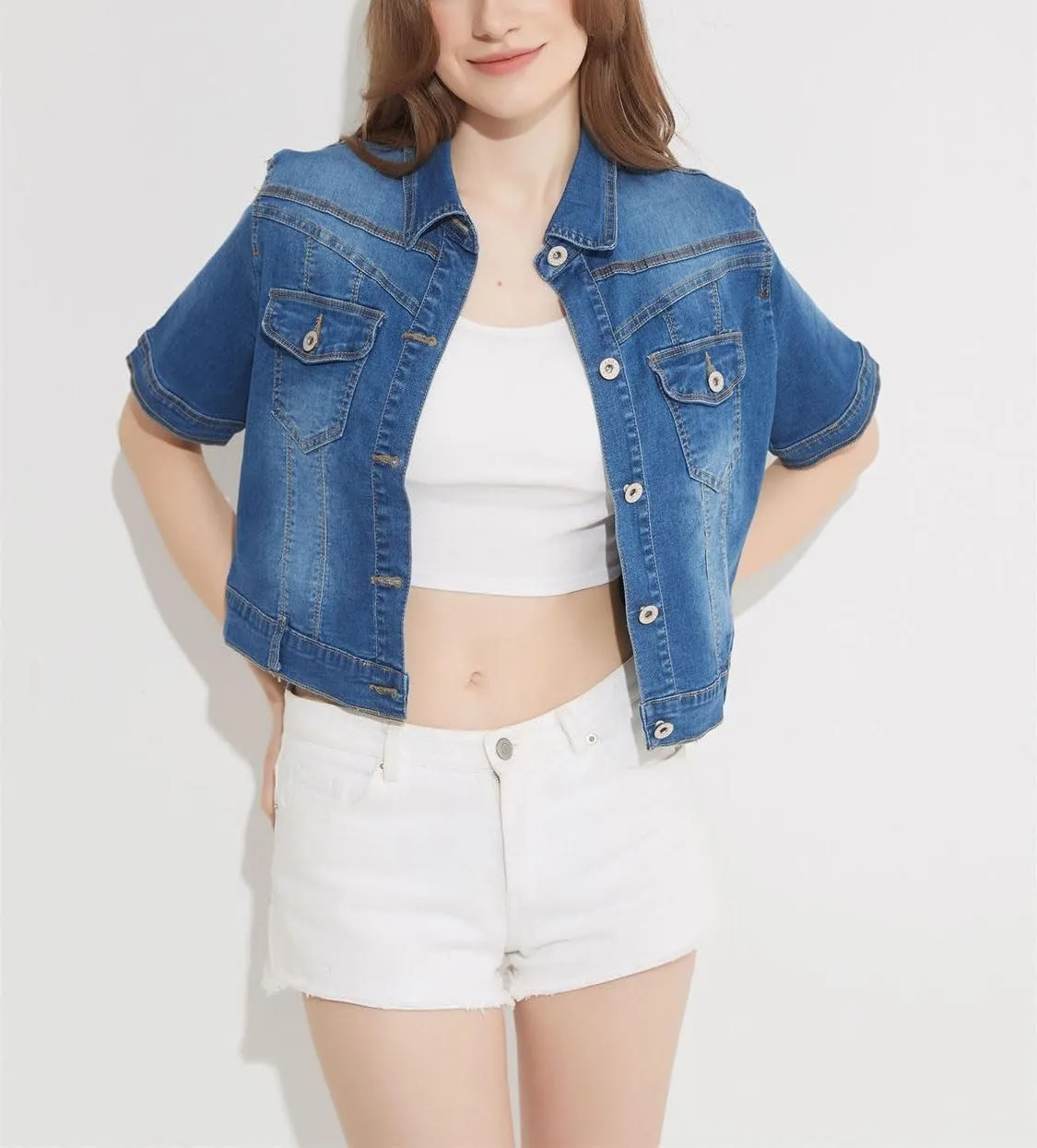 Women Short Sleeve Denim Jacket Button Down Shawl Stretch Denim Jean Jacket