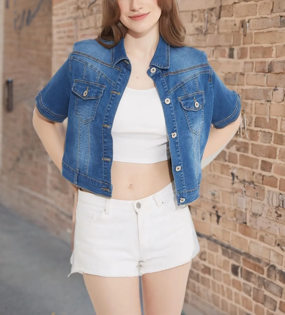 Women Short Sleeve Denim Jacket Button Down Shawl Stretch Denim Jean Jacket