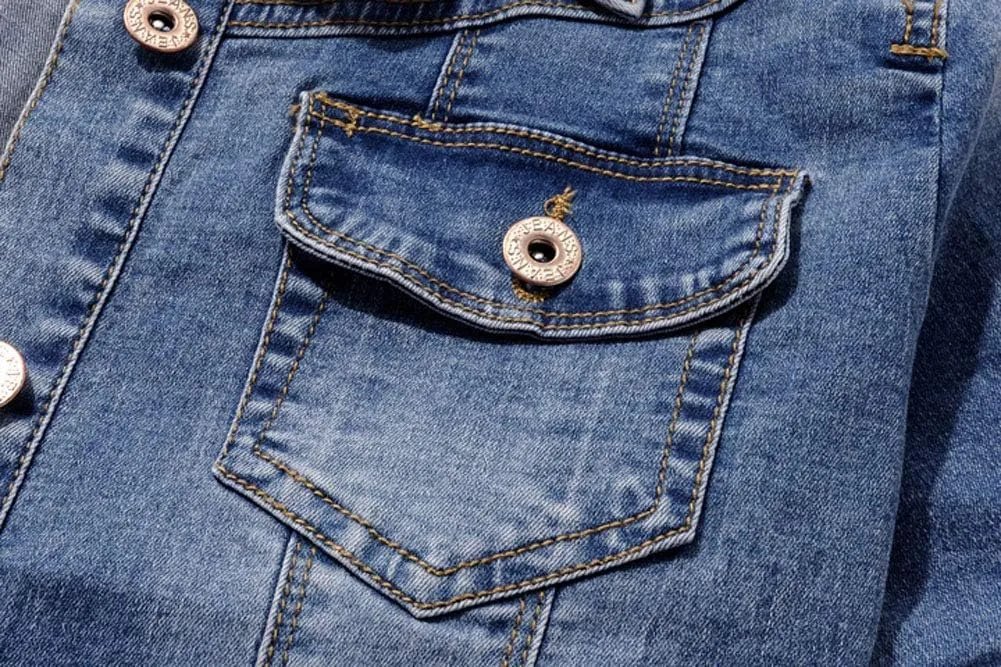 Women Short Sleeve Denim Jacket Button Down Shawl Stretch Denim Jean Jacket