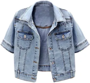 Women Short Sleeve Denim Jacket Button Down Shawl Stretch Denim Jean Jacket