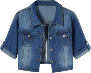 Women Short Sleeve Denim Jacket Button Down Shawl Stretch Denim Jean Jacket