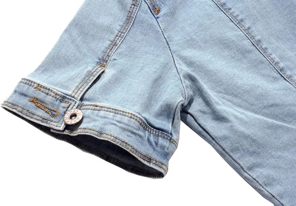 Women Short Sleeve Denim Jacket Button Down Shawl Stretch Denim Jean Jacket