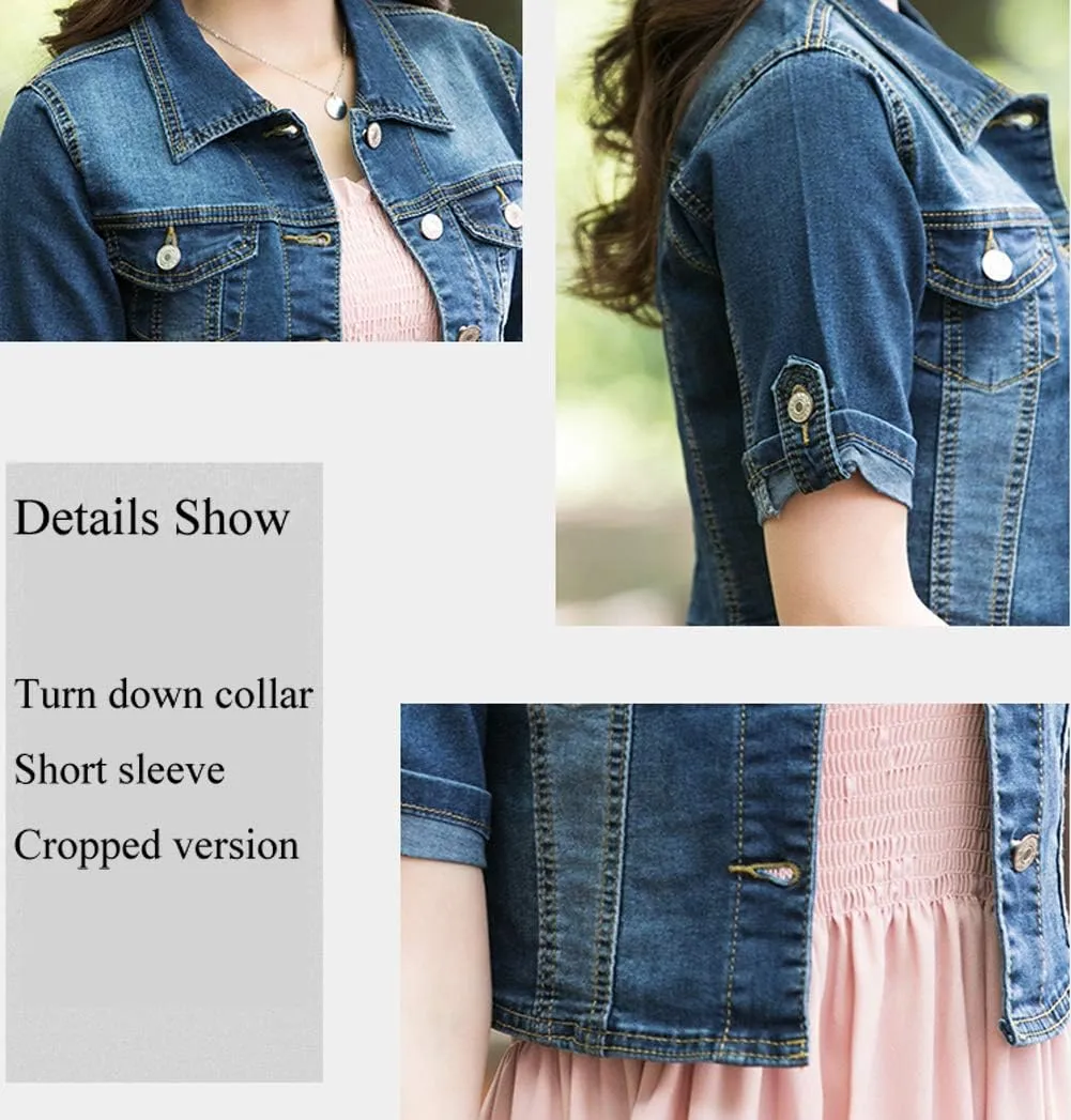Women Short Sleeve Denim Jacket Button Down Shawl Stretch Denim Jean Jacket