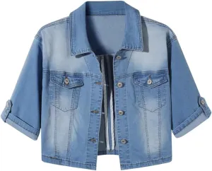 Women Short Sleeve Denim Jacket Button Down Shawl Stretch Denim Jean Jacket
