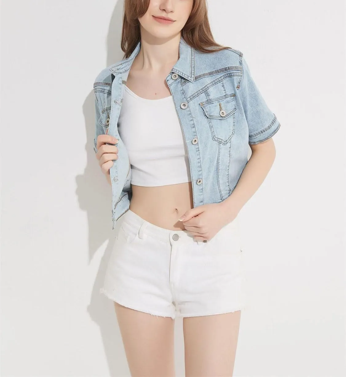 Women Short Sleeve Denim Jacket Button Down Shawl Stretch Denim Jean Jacket