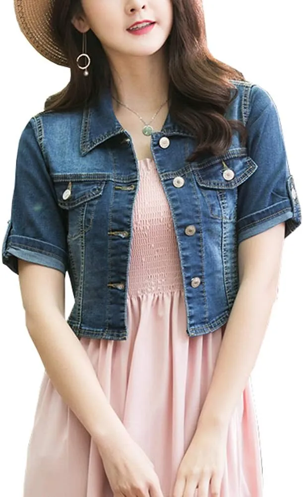 Women Short Sleeve Denim Jacket Button Down Shawl Stretch Denim Jean Jacket