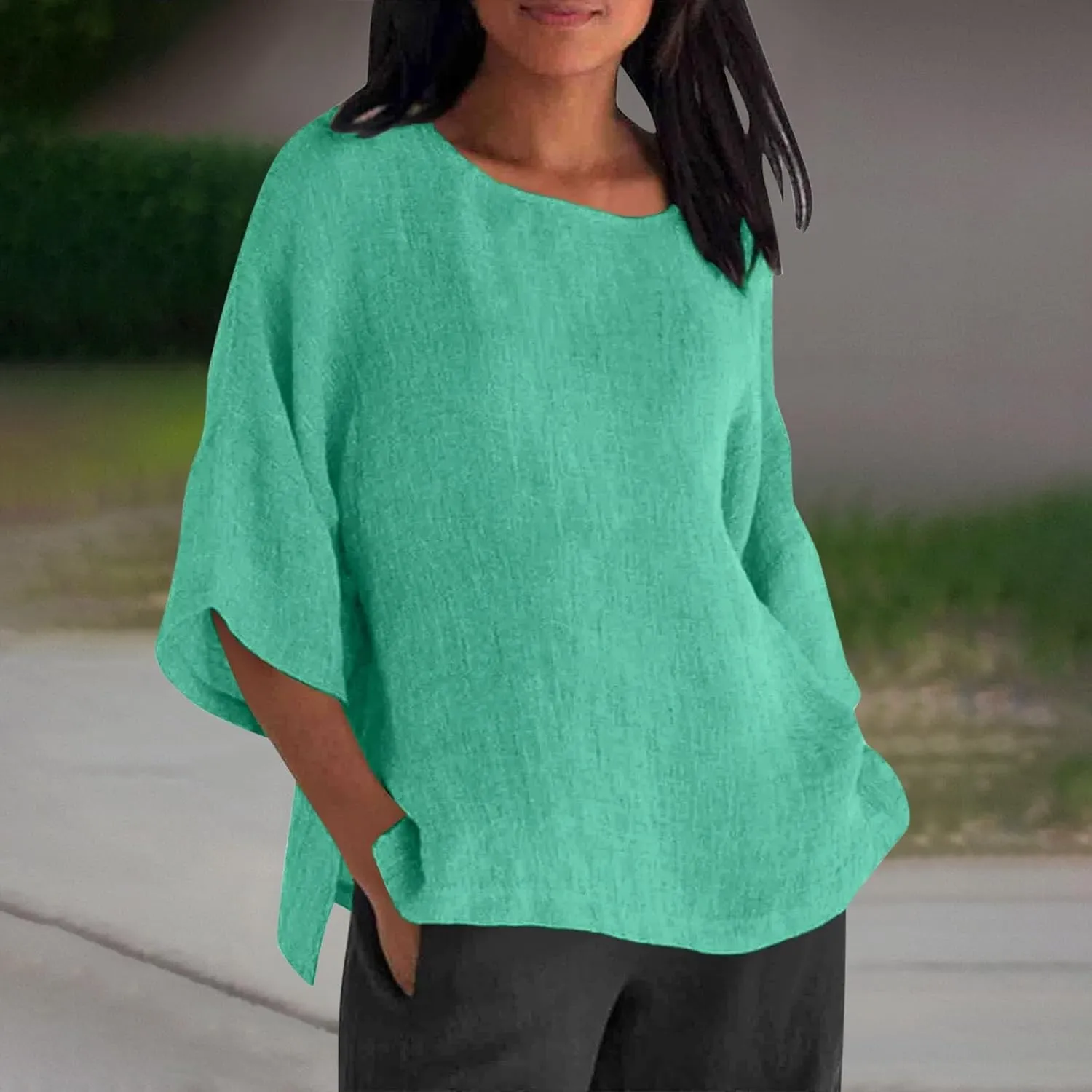Women Short Sleeve Linen Shirts Casual Round Neck Plus Size T Shirt Bohemian Boho Loose Fit Summer Tshirts