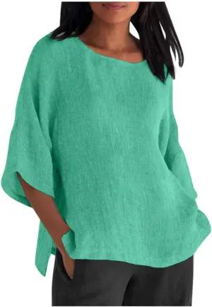 Women Short Sleeve Linen Shirts Casual Round Neck Plus Size T Shirt Bohemian Boho Loose Fit Summer Tshirts