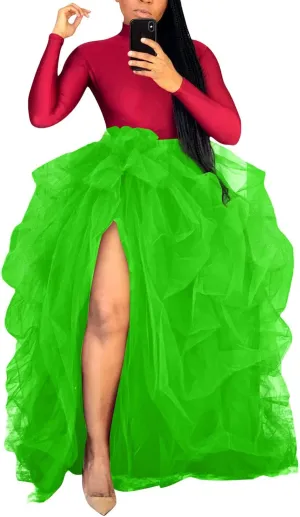 Women Tulle Long Skirt High Waist Ruffle Floor Length Dresses Wedding Guest Plus Size Dress Sexy Slit Puffy Maxi Skirts