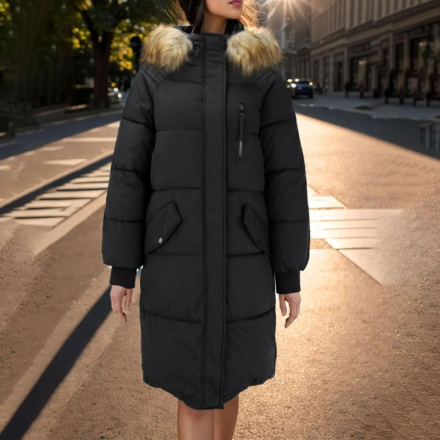 Women Winter Coat Light Down Zip Up Puffer Jacket Oversized Long Sleeve Thicken Parka Jackets With Pocket
