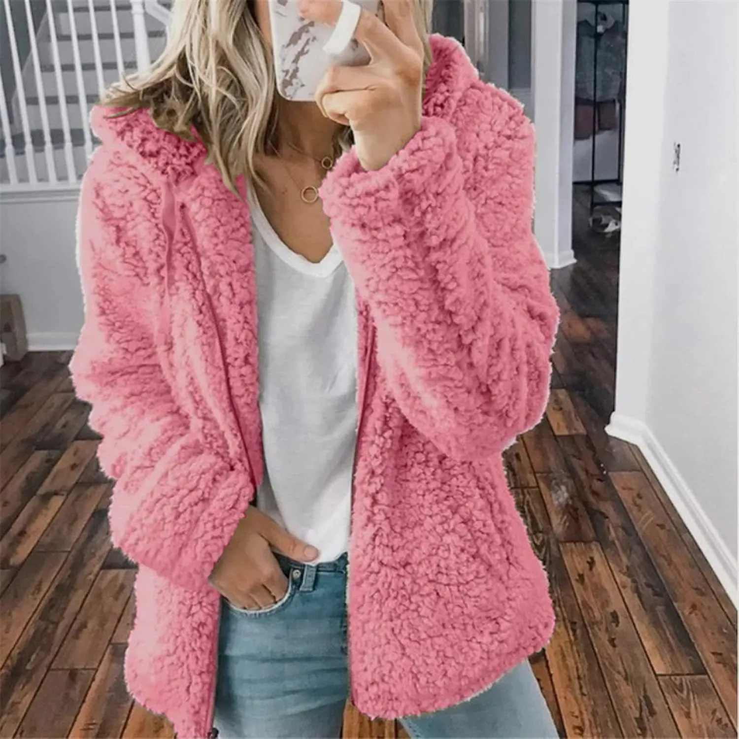 Women Winter Fuzzy Sherpa Soft Fleece Coat Solid Oversized Warm Sherpa Coats Faux Fur Jacket Shearling Outerwear