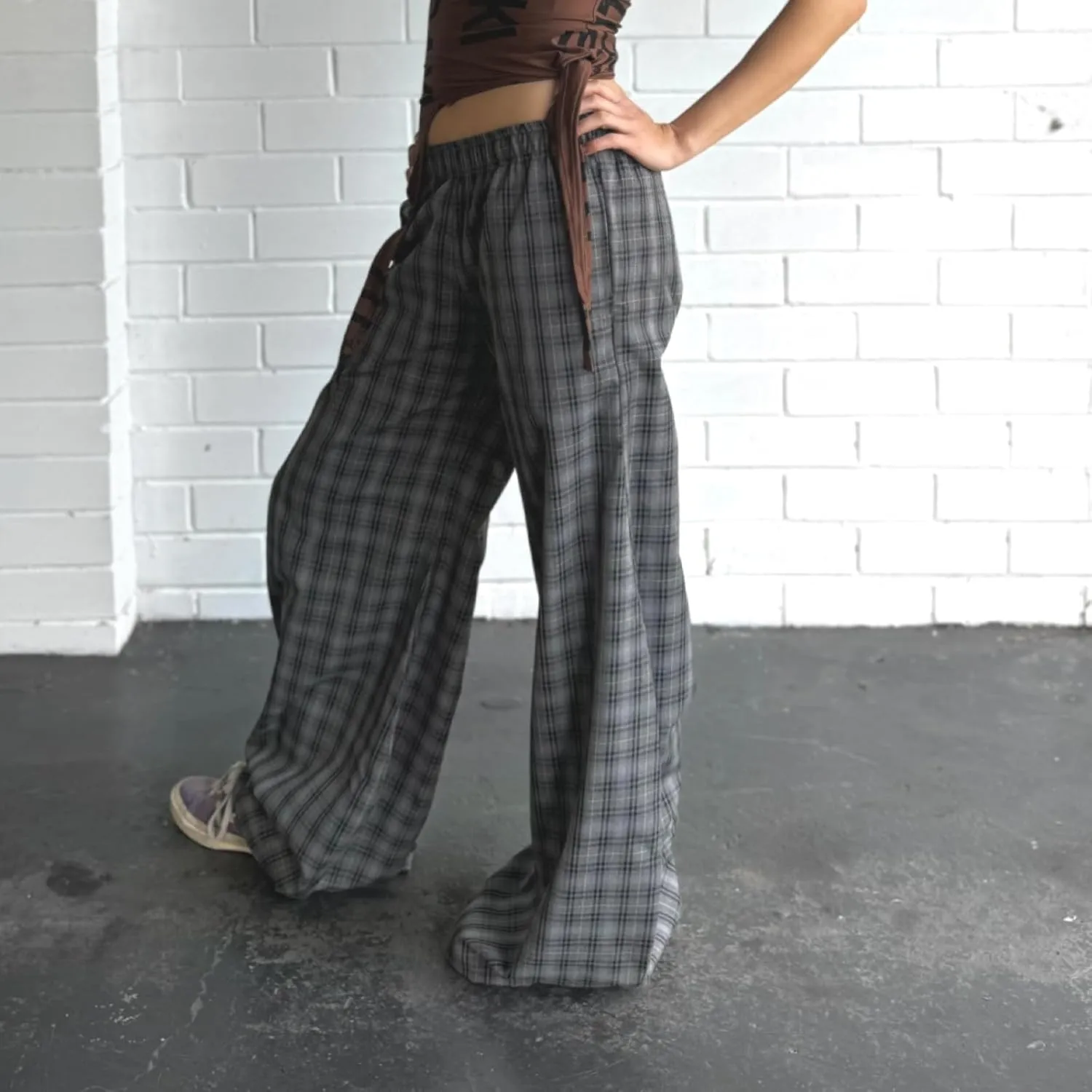 Women y2k Plaid Print Loose Pants Elastic Mid Waist Wide Leg Trousers Casual Straight Pants Streetwear Bottoms