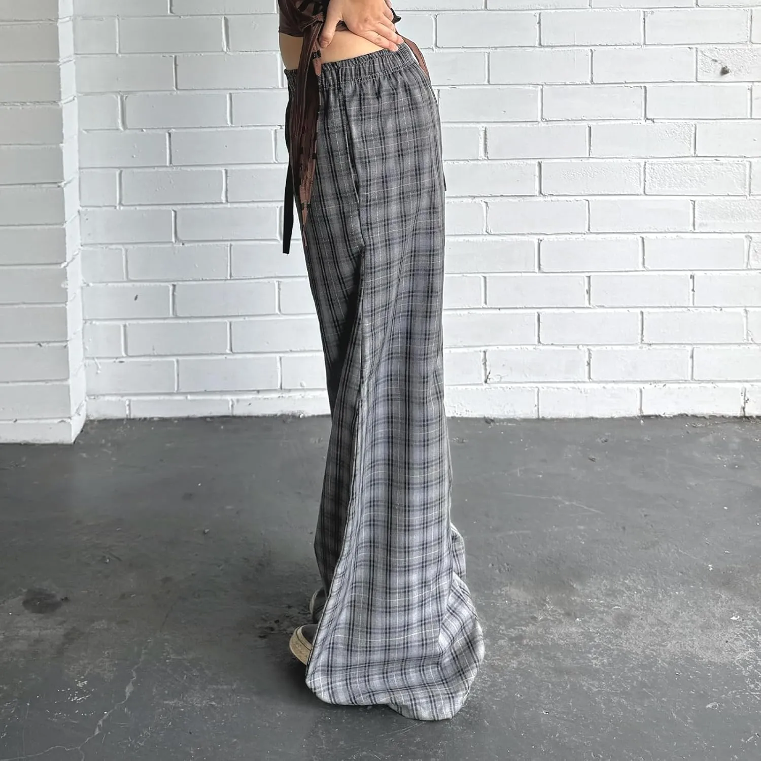 Women y2k Plaid Print Loose Pants Elastic Mid Waist Wide Leg Trousers Casual Straight Pants Streetwear Bottoms