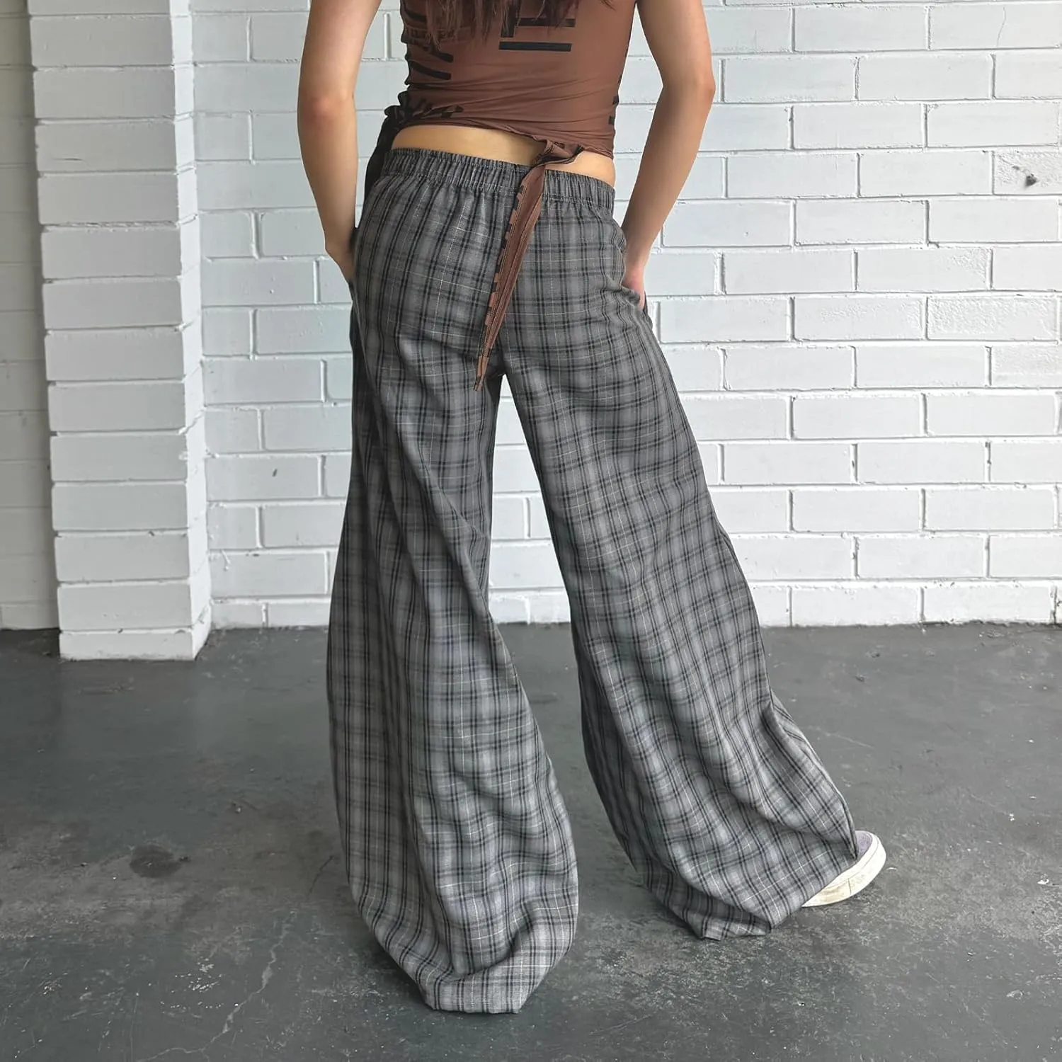 Women y2k Plaid Print Loose Pants Elastic Mid Waist Wide Leg Trousers Casual Straight Pants Streetwear Bottoms