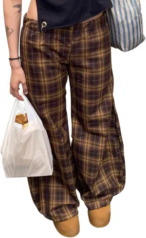 Women y2k Plaid Print Loose Pants Elastic Mid Waist Wide Leg Trousers Casual Straight Pants Streetwear Bottoms