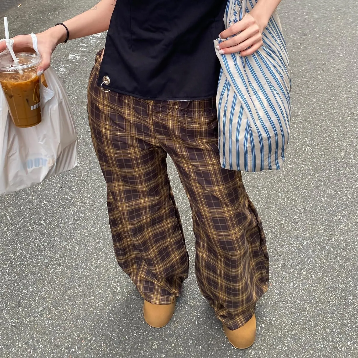 Women y2k Plaid Print Loose Pants Elastic Mid Waist Wide Leg Trousers Casual Straight Pants Streetwear Bottoms