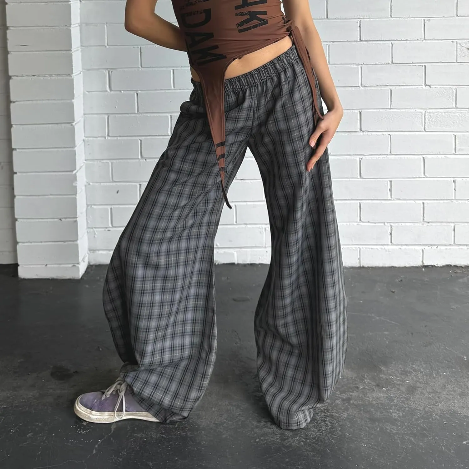 Women y2k Plaid Print Loose Pants Elastic Mid Waist Wide Leg Trousers Casual Straight Pants Streetwear Bottoms