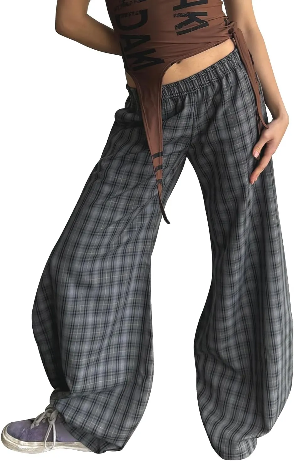 Women y2k Plaid Print Loose Pants Elastic Mid Waist Wide Leg Trousers Casual Straight Pants Streetwear Bottoms