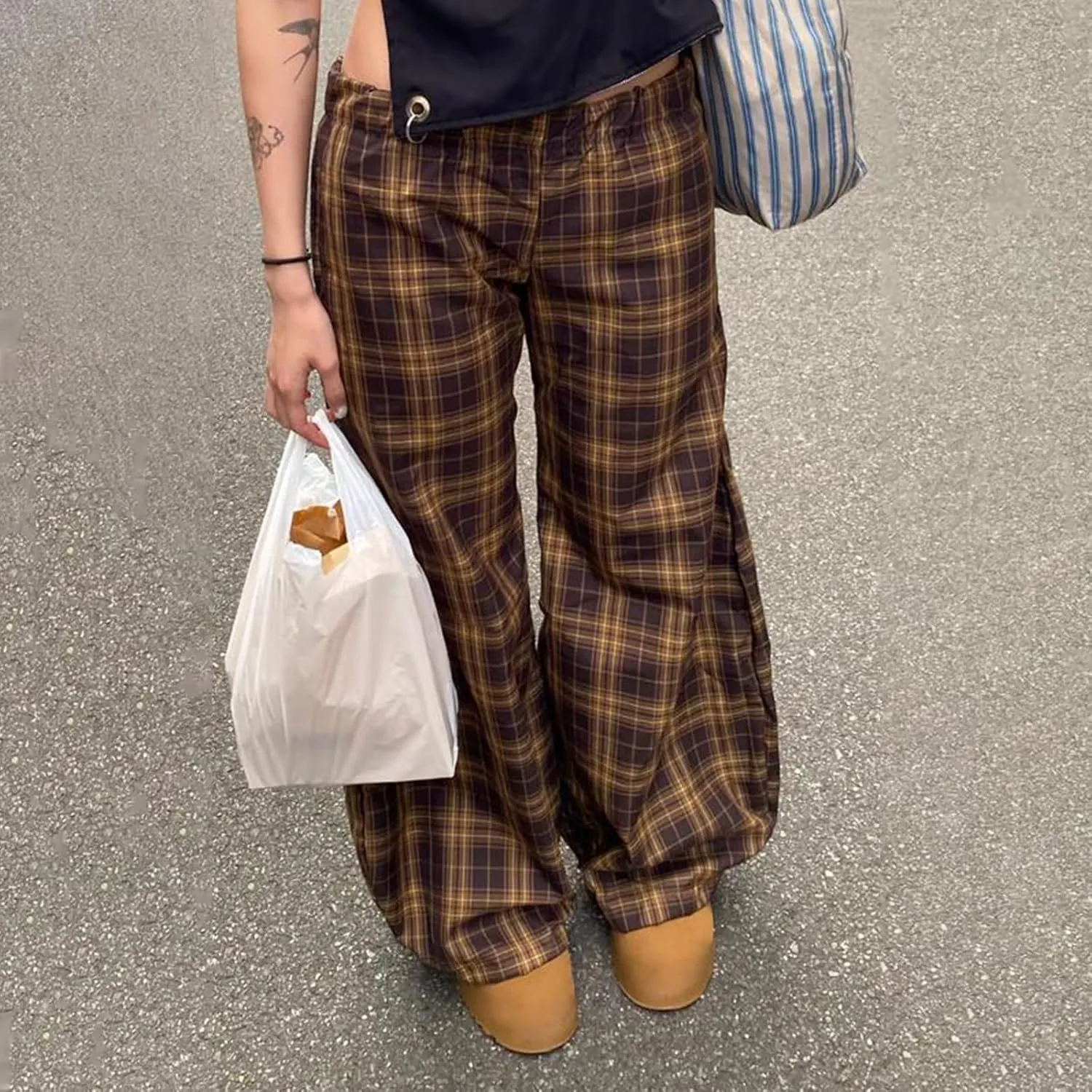 Women y2k Plaid Print Loose Pants Elastic Mid Waist Wide Leg Trousers Casual Straight Pants Streetwear Bottoms