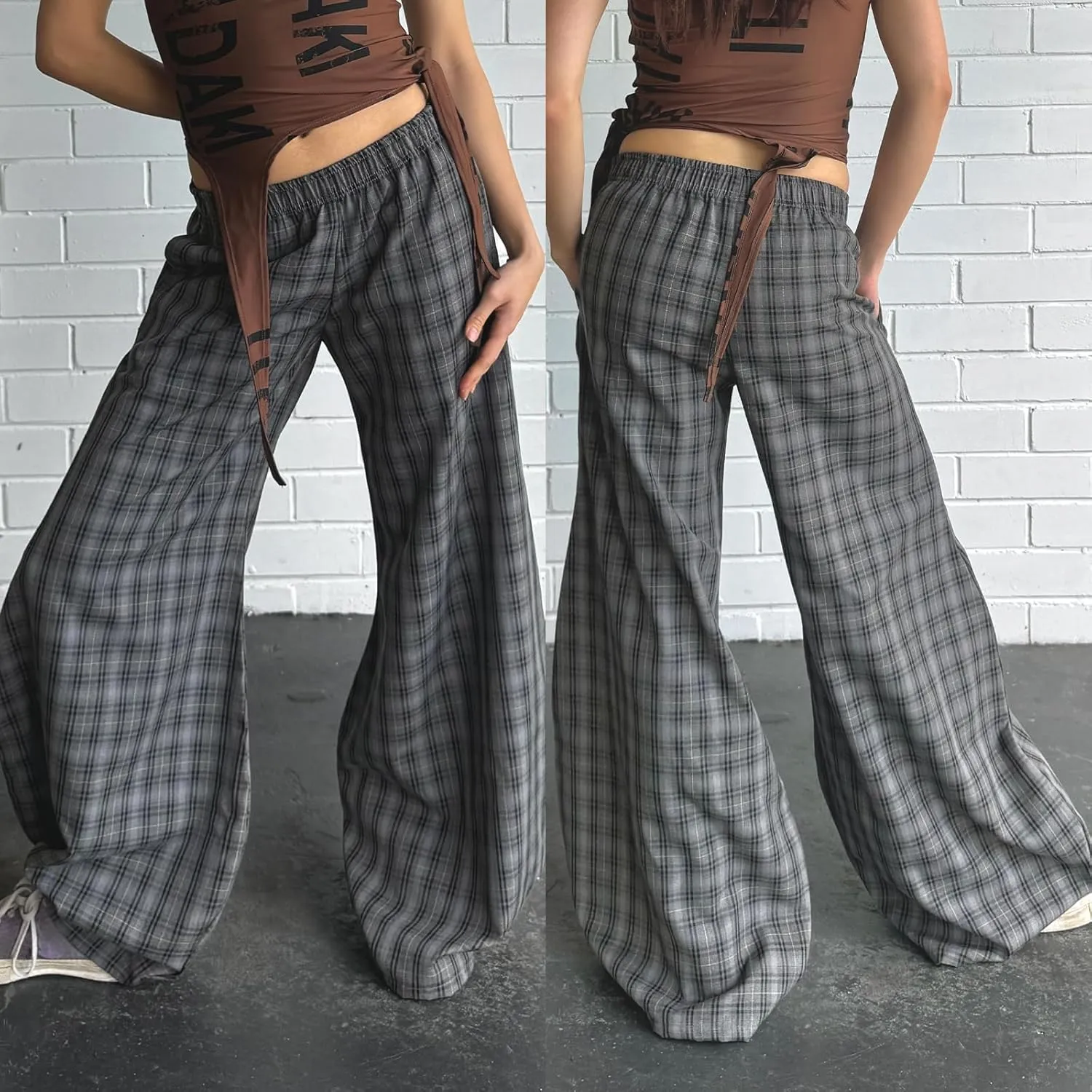 Women y2k Plaid Print Loose Pants Elastic Mid Waist Wide Leg Trousers Casual Straight Pants Streetwear Bottoms