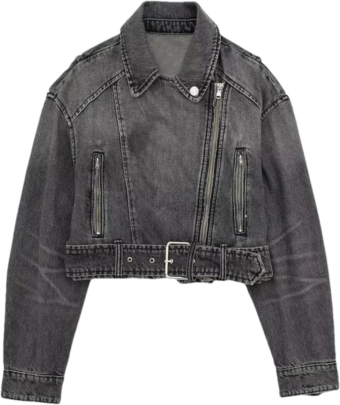 Women's Casual Denim Jacket Versatile Polo Neck Motorcycle Loose Belt Denim Coat
