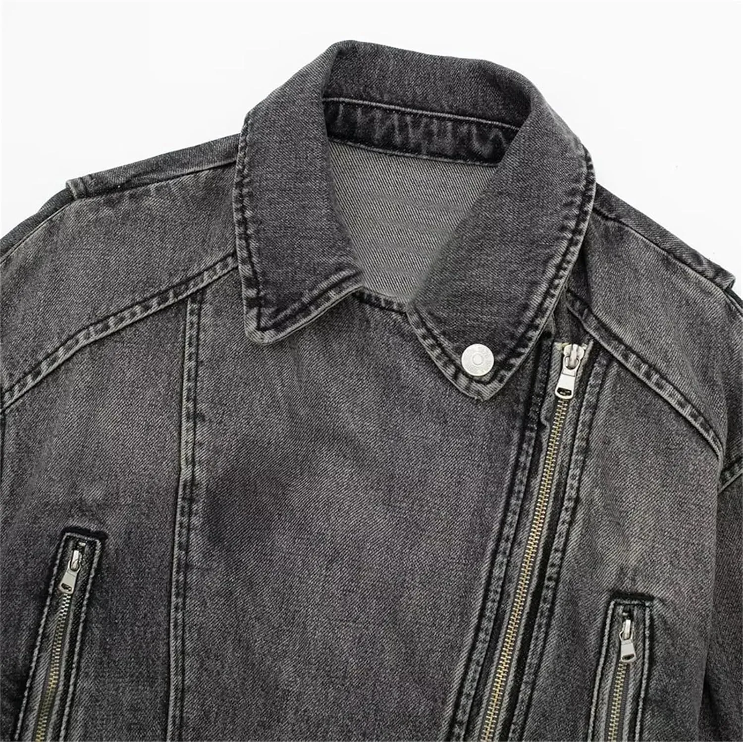 Women's Casual Denim Jacket Versatile Polo Neck Motorcycle Loose Belt Denim Coat