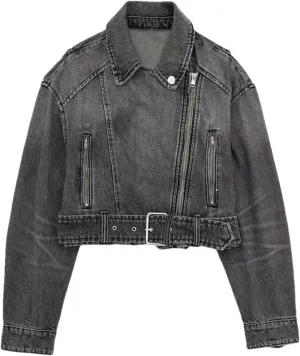 Women's Casual Denim Jacket Versatile Polo Neck Motorcycle Loose Belt Denim Coat