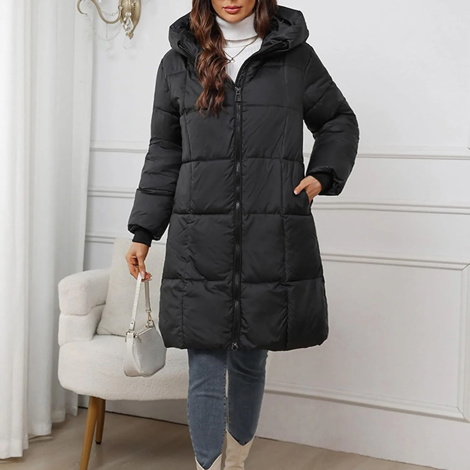 Womens Coats Winter Light Down Zipper Puffer Jackets Plus Size Long Sleeve Lightweight Parka Jackets With Pocket