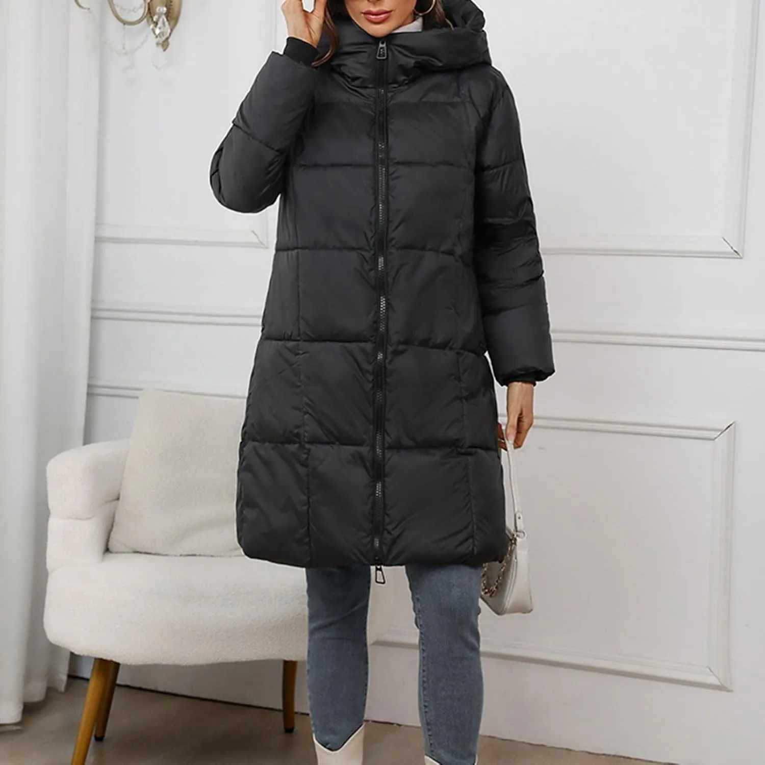 Womens Coats Winter Light Down Zipper Puffer Jackets Plus Size Long Sleeve Lightweight Parka Jackets With Pocket
