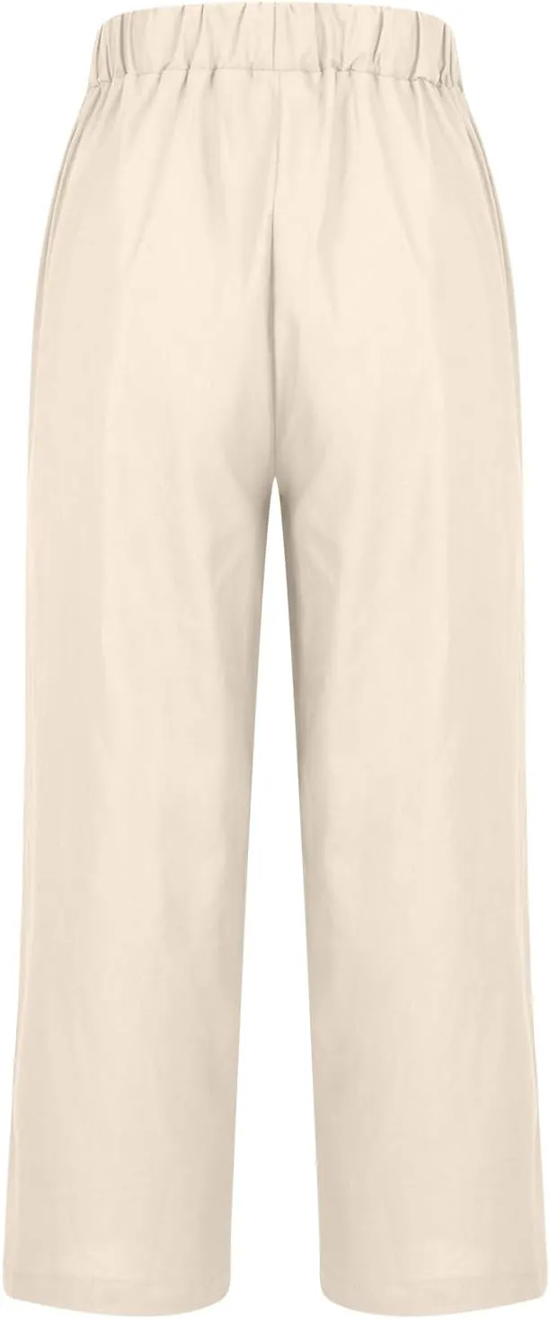 Women's Cotton Linen Pants Drawstring Straight Leg Pants Casual Loose Fit Wide Leg Trousers with Pockets
