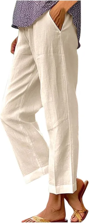 Women's Cotton Linen Pants Drawstring Straight Leg Pants Casual Loose Fit Wide Leg Trousers with Pockets