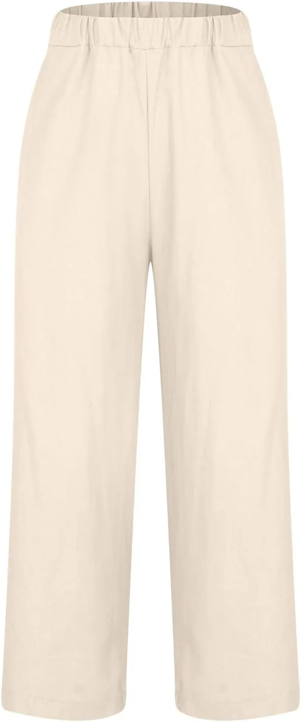 Women's Cotton Linen Pants Drawstring Straight Leg Pants Casual Loose Fit Wide Leg Trousers with Pockets