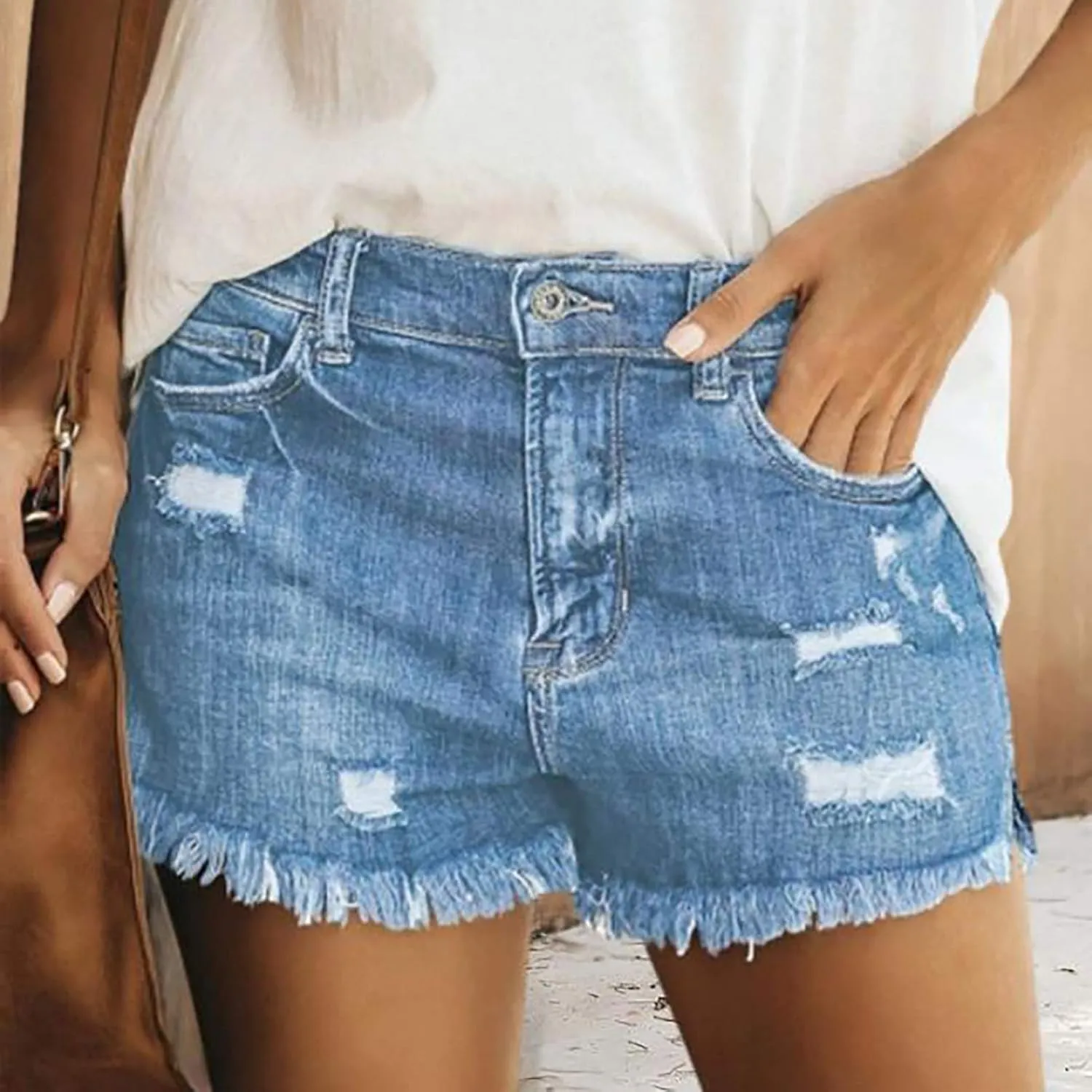 Women's Denim Shorts High Waisted Ripped Stretchy Denim Hot Short Distressed Frayed Hem Jeans Shorts with Pockets