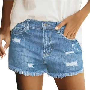 Women's Denim Shorts High Waisted Ripped Stretchy Denim Hot Short Distressed Frayed Hem Jeans Shorts with Pockets