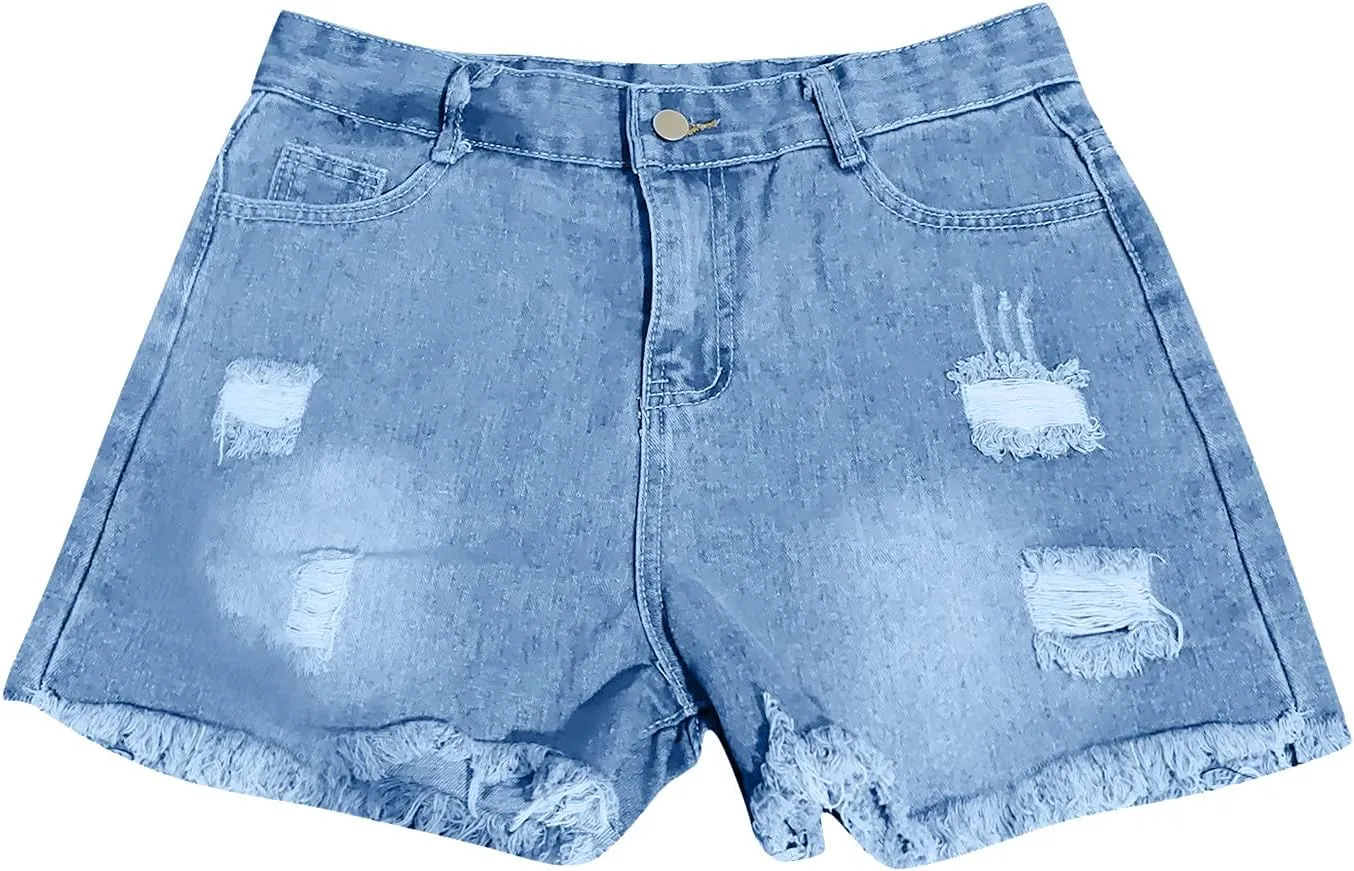 Women's Denim Shorts High Waisted Ripped Stretchy Denim Hot Short Distressed Frayed Hem Jeans Shorts with Pockets