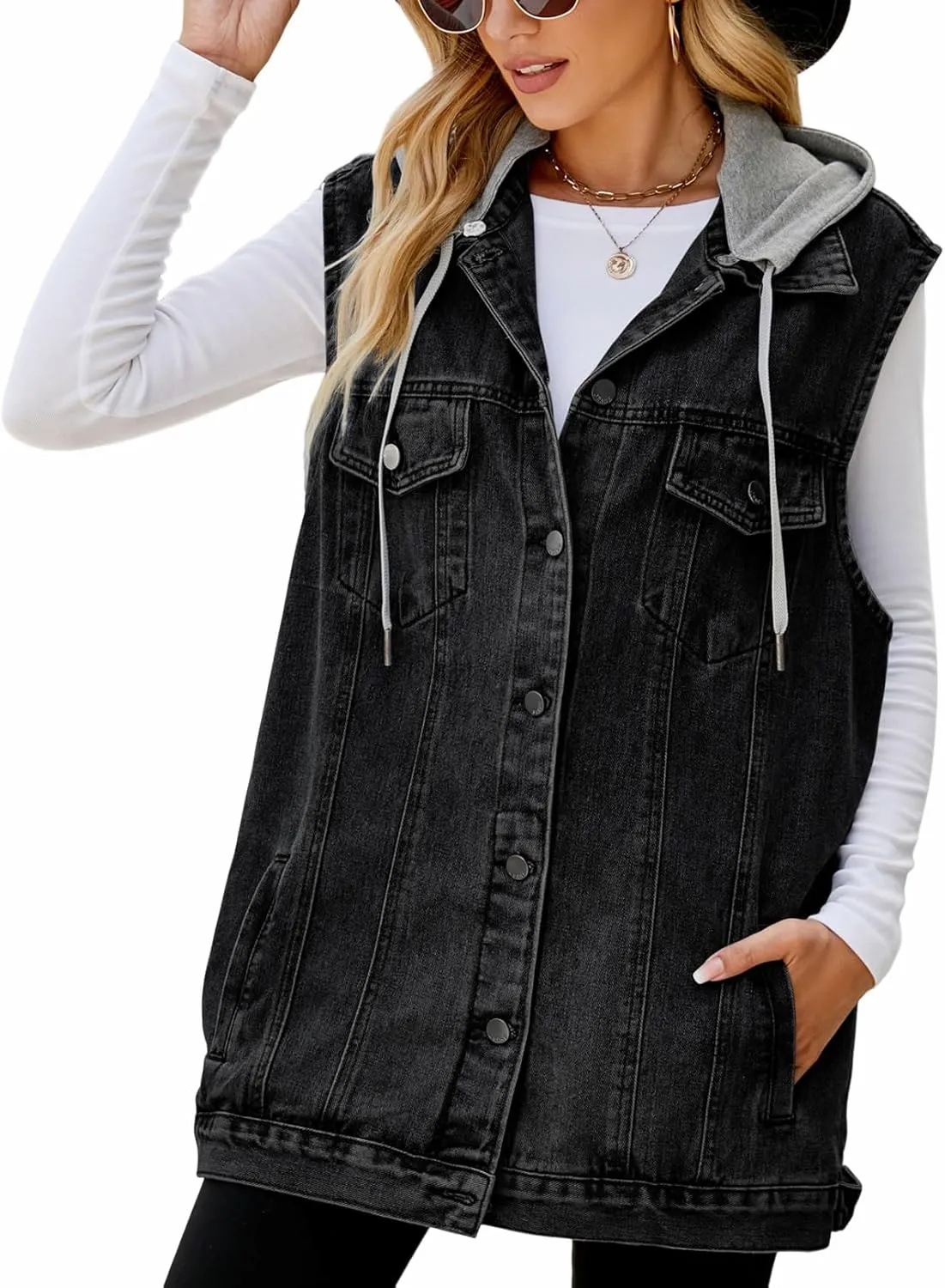 Women's Denim Vest Oversized Casual Classic Sleeveless Button Denim Jacket
