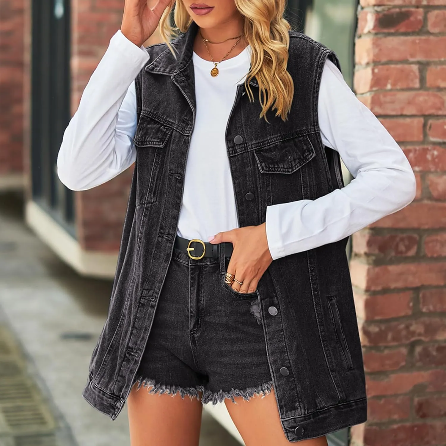 Women's Denim Vest Oversized Casual Classic Sleeveless Button Denim Jacket