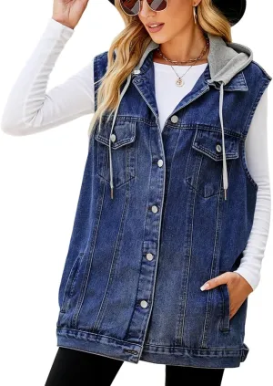 Women's Denim Vest Oversized Casual Classic Sleeveless Button Denim Jacket