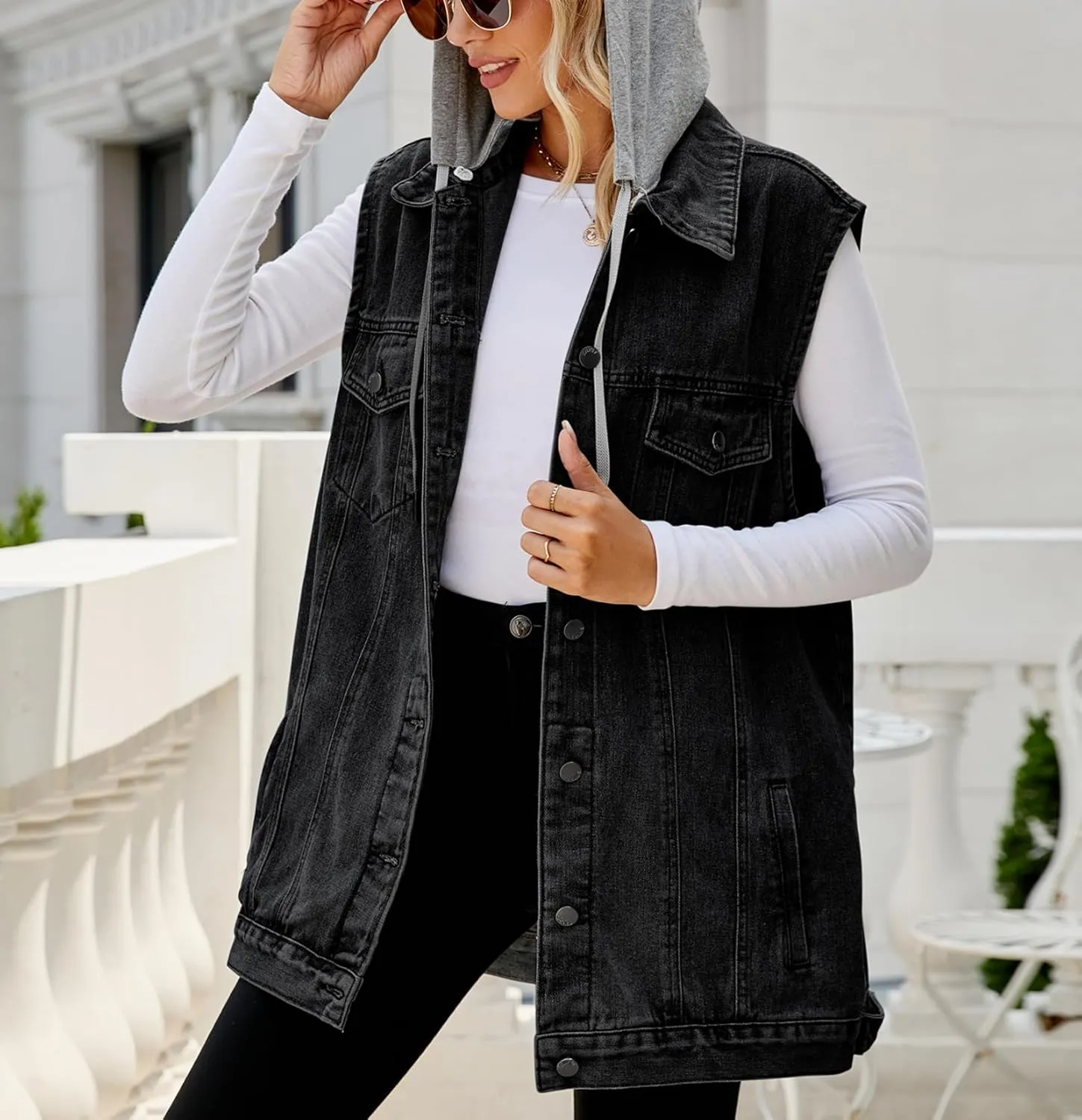 Women's Denim Vest Oversized Casual Classic Sleeveless Button Denim Jacket