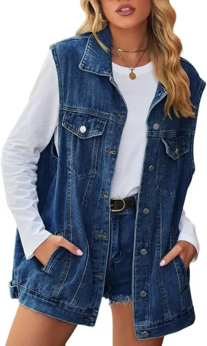 Women's Denim Vest Oversized Casual Classic Sleeveless Button Denim Jacket