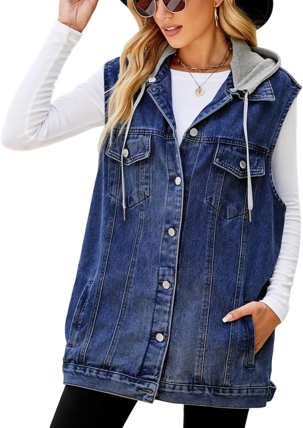 Women's Denim Vest Oversized Casual Classic Sleeveless Button Denim Jacket