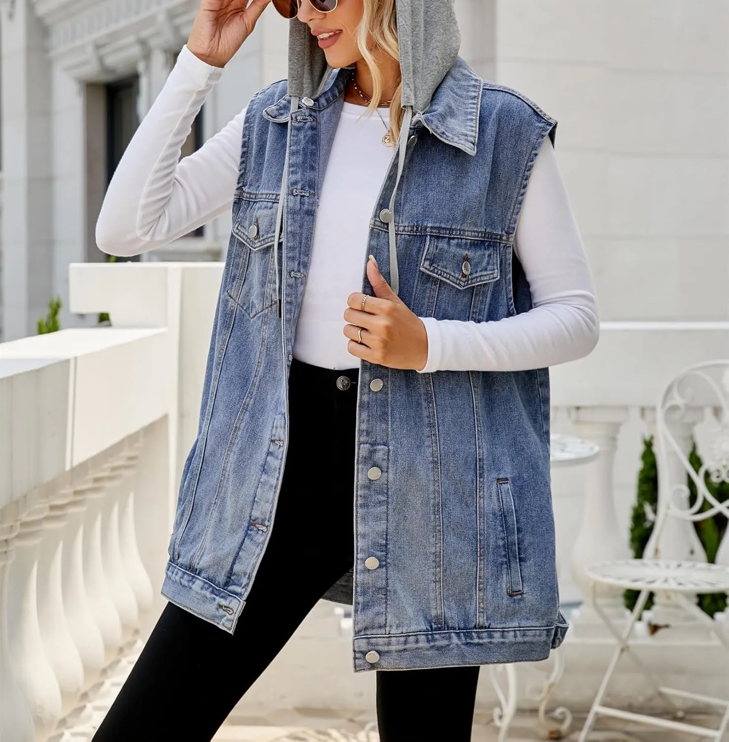 Women's Denim Vest Oversized Casual Classic Sleeveless Button Denim Jacket