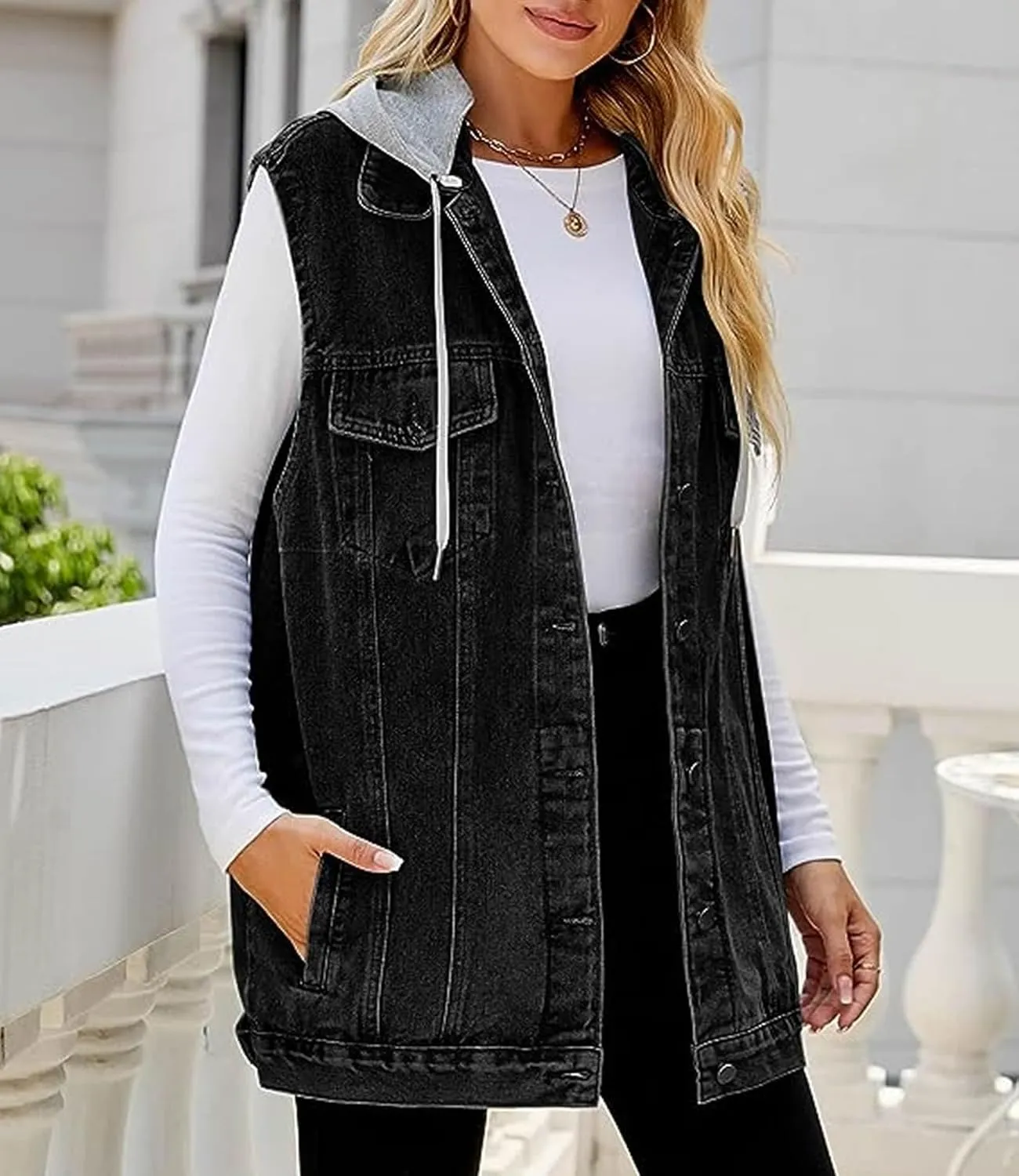 Women's Denim Vest Oversized Casual Classic Sleeveless Button Denim Jacket